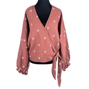 Madewell Lightspun Maira Wrap Top XL Burnished Mahogany Embroidered Gauze